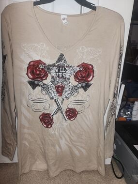 Full Throttle Saloon Beige Graphic Long Sleeve Top with Red Rose & Gun Motif